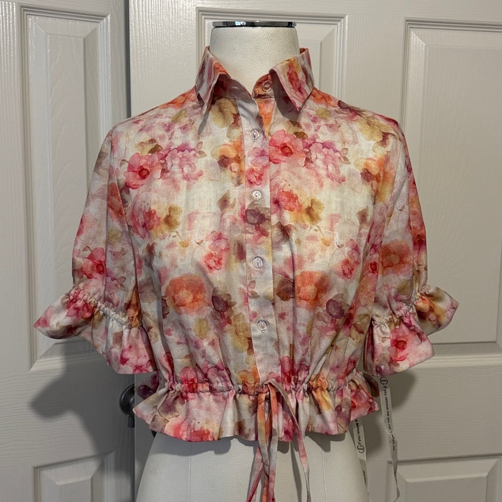 Vita Grace Floral Crop Top Ruffle Hem Button Front Cottagecore Blouse Romantic - Picture 2 of 7